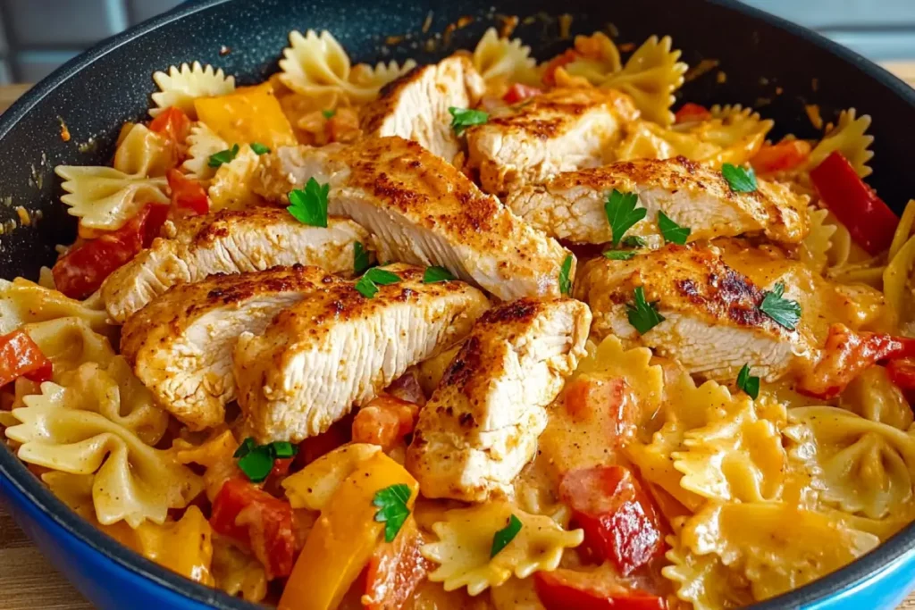 A creamy bowl of Chicken Fajita Pasta loaded with tender sliced chicken, colorful bell peppers, onions, and spiral pasta tossed in a smoky, cheesy sauce.