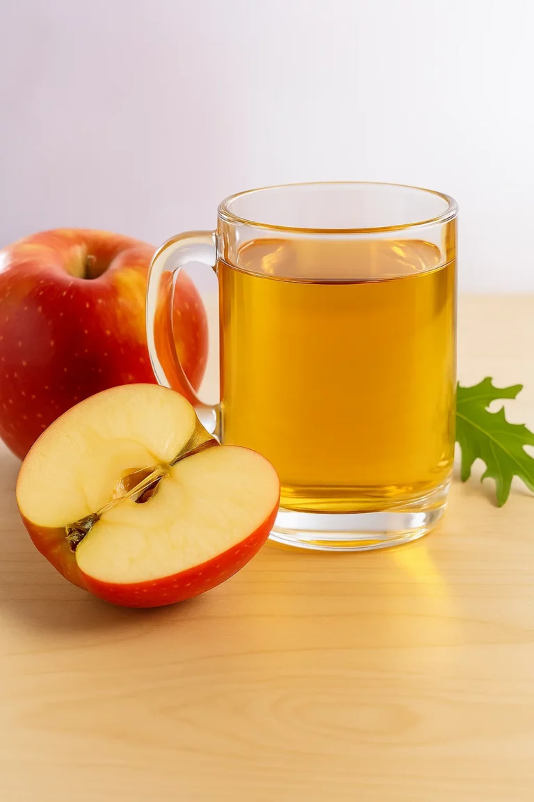 A bottle of raw organic apple cider vinegar on a kitchen counter with fresh lemons and a measuring spoon