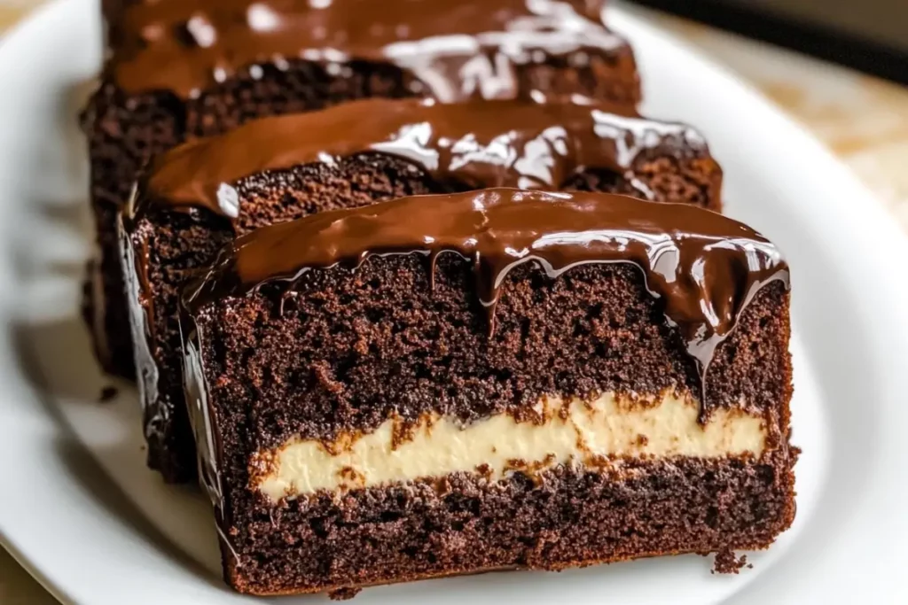 Chocolate cream cheese pound cake Gordon Ramsay recipe style sliced on wooden table