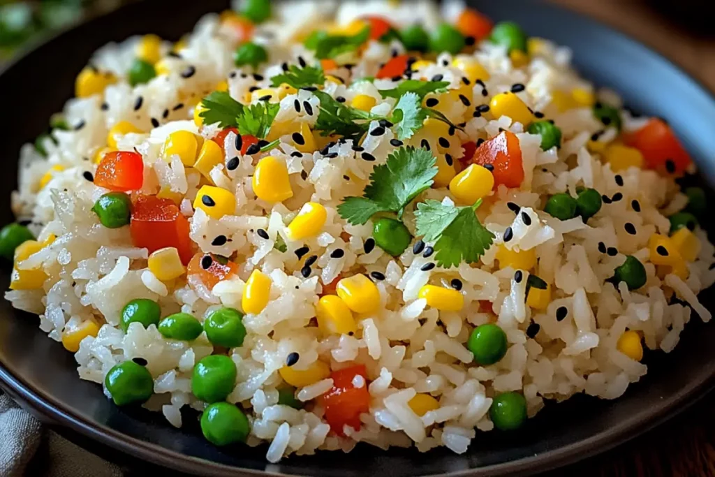 A bold and colorful bowl of spiced rice topped with fresh herbs, chili flakes, and a lemon wedge, served with confident flair.