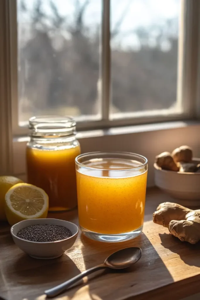 A refreshing glass of Morning Detox Natural Mounjaro Drink placed by a sunrise-lit window with slices of lemon, mint leaves, and a bottle beside it.