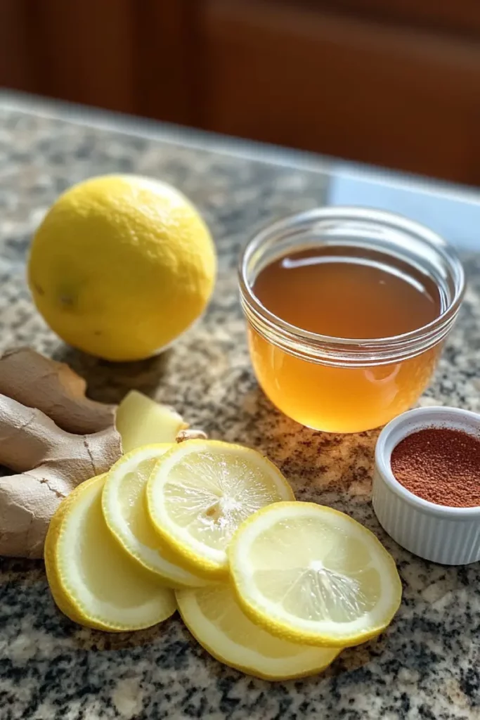 Close-up of Natural Mounjaro Drink ingredients including fresh herbs, citrus slices, spring water, and botanicals arranged on a rustic wooden table.