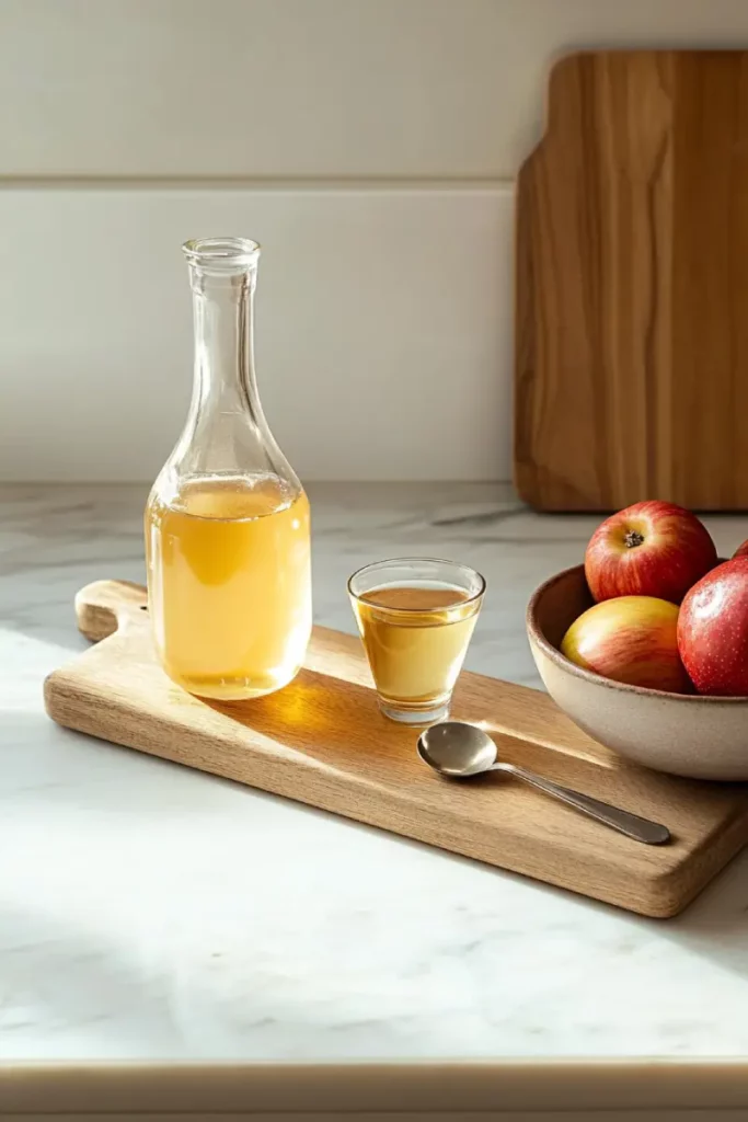 A glass bottle of Apple Cider Vinegar Natural Mounjaro Drink surrounded by fresh apples, a splash of vinegar, and mountain herbs on a wooden surface.