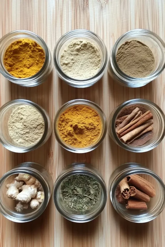 A vibrant flat lay of natural herbs and superfoods like ginger, turmeric, ginseng, spirulina, and leafy greens next to a bottle of Natural Mounjaro Drink.