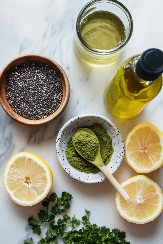 A chilled bottle of Matcha Natural Mounjaro Drink beside a bamboo whisk, a bowl of vibrant green matcha powder, and fresh green tea leaves on a clean wooden table.