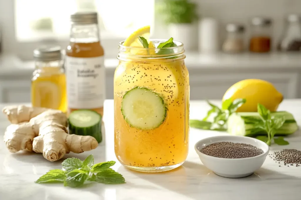 A bottle of Natural Mounjaro Drink placed on a wooden surface with a mountain backdrop and fresh herbs beside it.