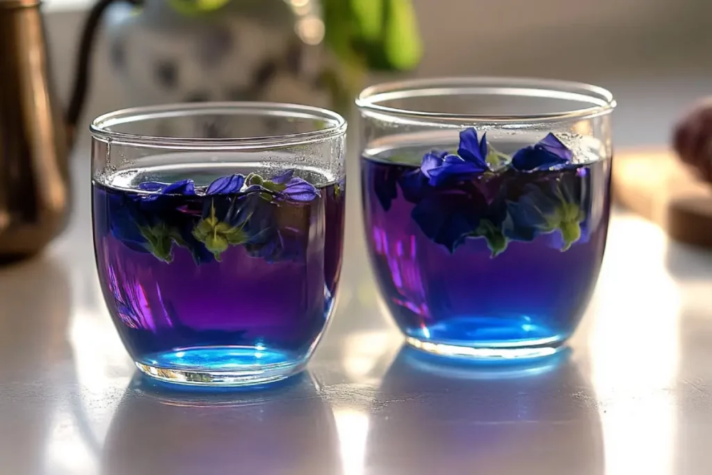 Brazilian Mounjaro butterfly pea flowers recipe in glass with lemon