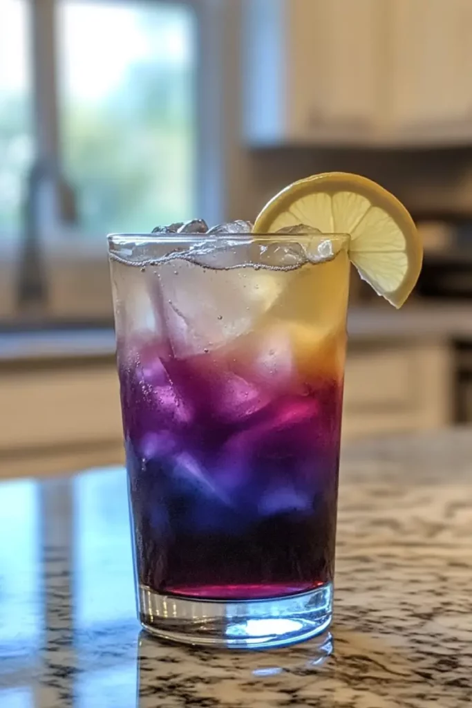 Served Brazilian Mounjaro butterfly pea flowers drink with lemon and ice