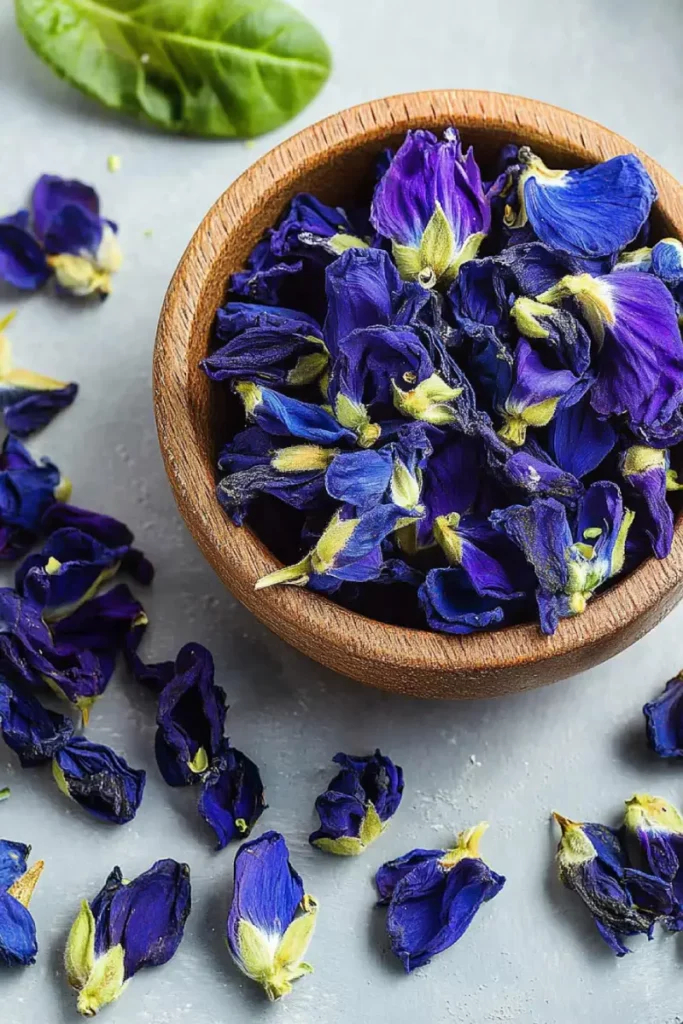 Dried butterfly pea flowers used in Brazilian Mounjaro herbal recipe