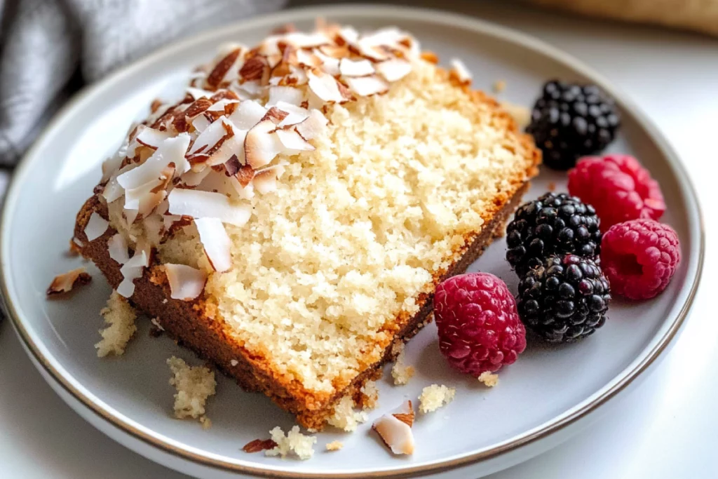 Coconut bread loaf on table with fruit