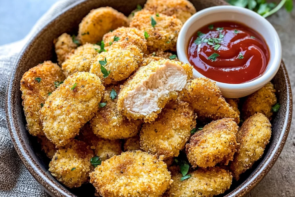 Golden, crispy ground chicken nuggets cooked in an air fryer, served on a plate with dipping sauce.
