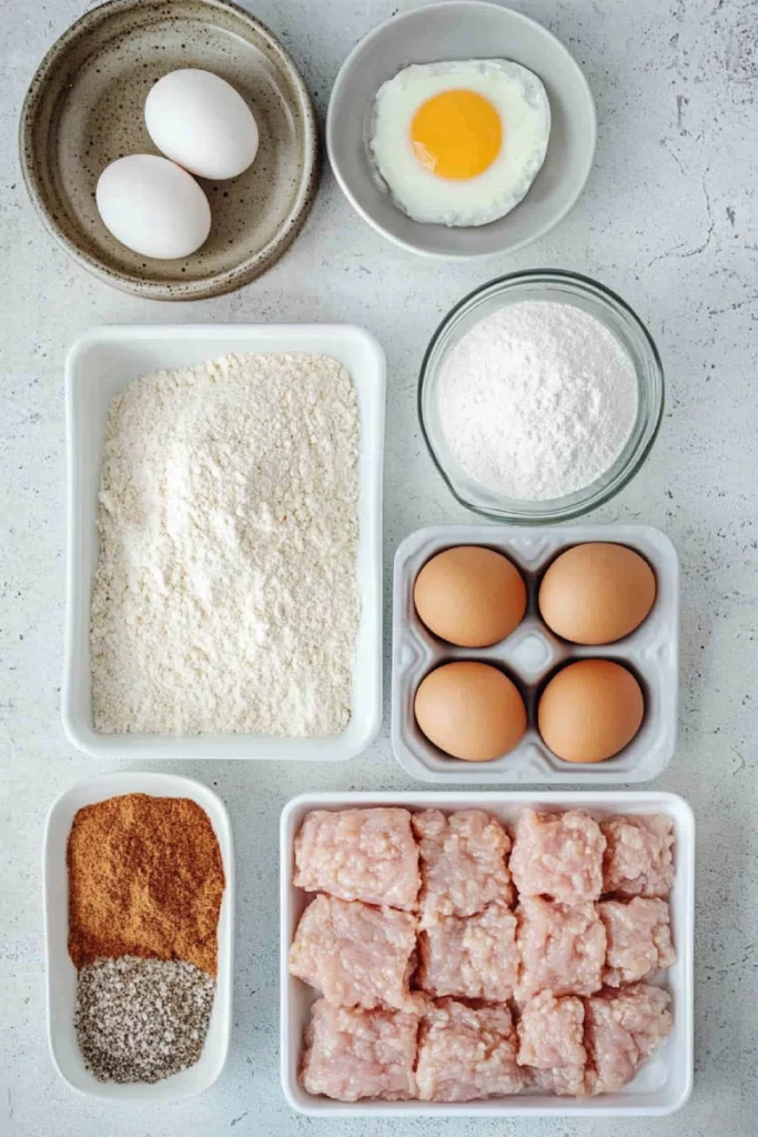 A display of raw ingredients for air fryer ground chicken nuggets, including ground chicken, breadcrumbs, eggs, and spices, laid out on a kitchen counter.