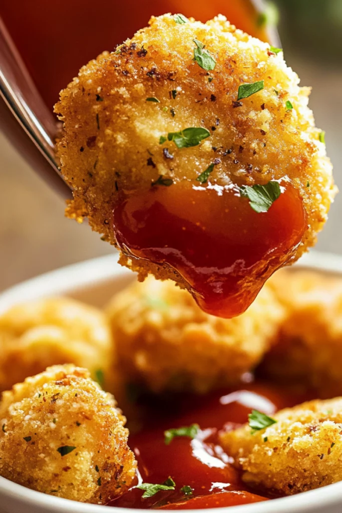 Freshly air-fried ground chicken nuggets served on a platter with dipping sauces, fresh herbs, and a side of fries.