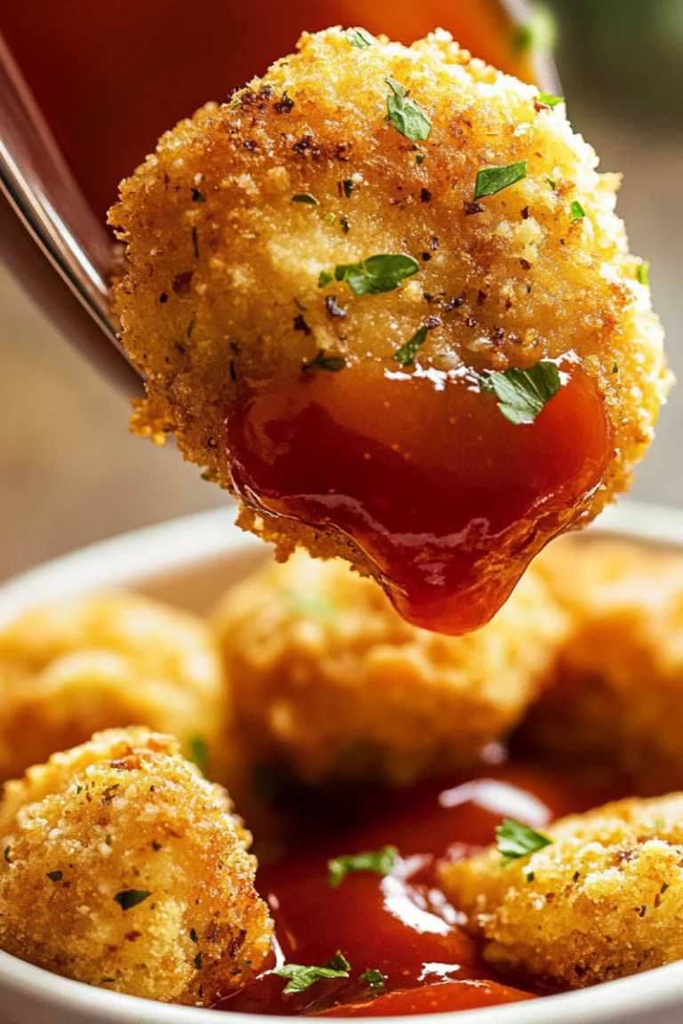 Freshly air-fried ground chicken nuggets served on a platter with dipping sauces, fresh herbs, and a side of fries.