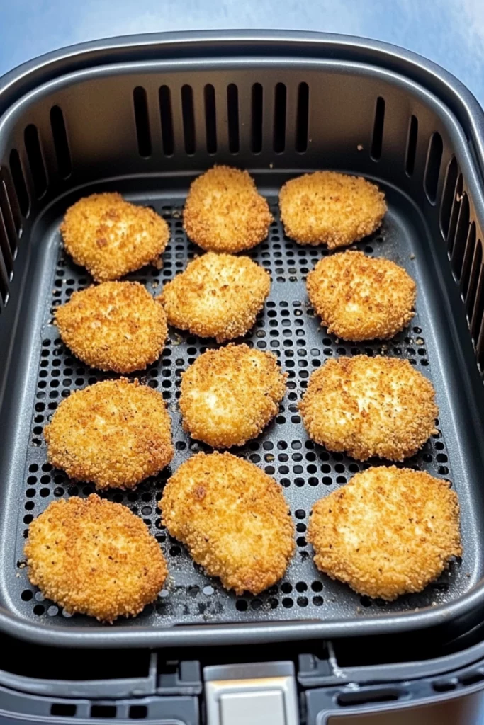 Ground chicken nuggets cooking in an air fryer basket, turning golden brown with a crispy coating.