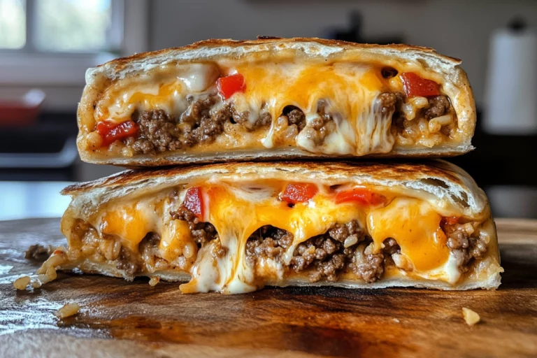 Grilled Cheese Burrito with melted cheese and seasoned beef wrapped in a toasted tortilla.