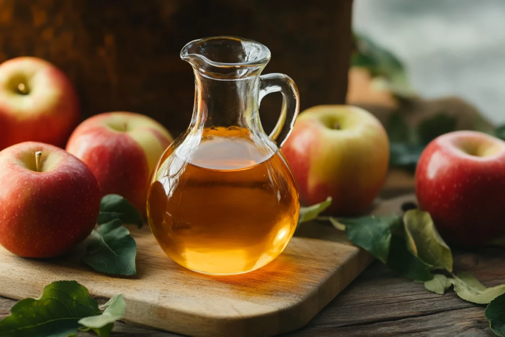 Bottle of Apple Cider Vinegar with fresh apples beside it on a wooden surface