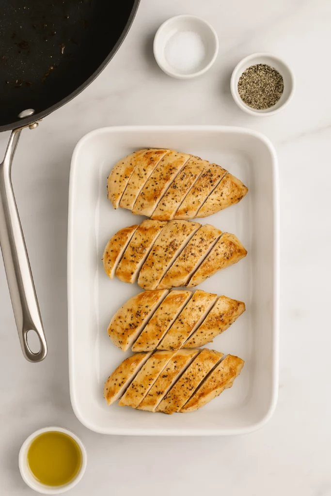 4 ingredient Mounjaro recipe Blanc de poulet grillé tranché sur un lit de riz de chou-fleur vapeur, garni d’herbes fraîches et légèrement arrosé d’huile d’olive.
