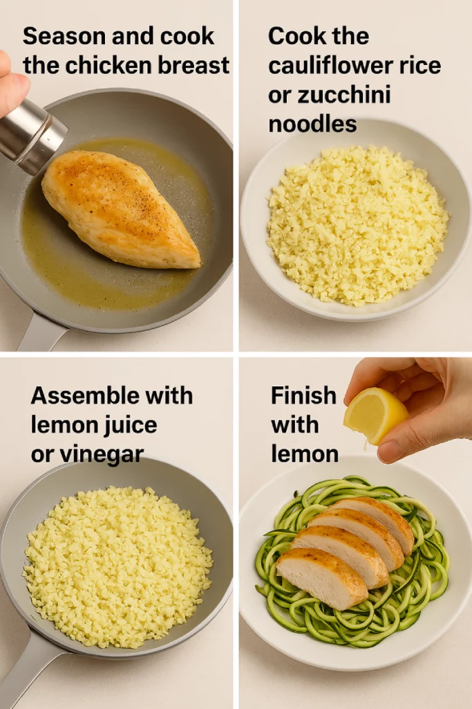 4 ingredient Mounjaro recipe Blanc de poulet grillé tranché sur un lit de riz de chou-fleur vapeur, garni d’herbes fraîches et légèrement arrosé d’huile d’olive.
