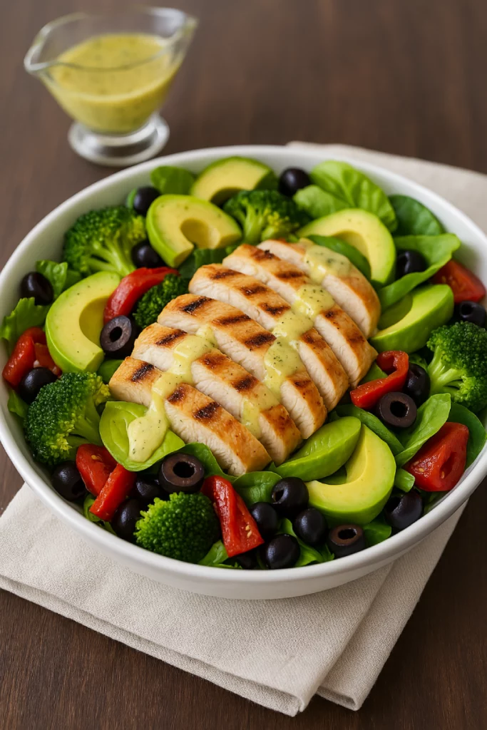 4 ingredient Mounjaro recipe A plated serving of grilled chicken breast atop fluffy cauliflower rice, lightly drizzled with olive oil and lemon juice, garnished with herbs and lemon wedges.