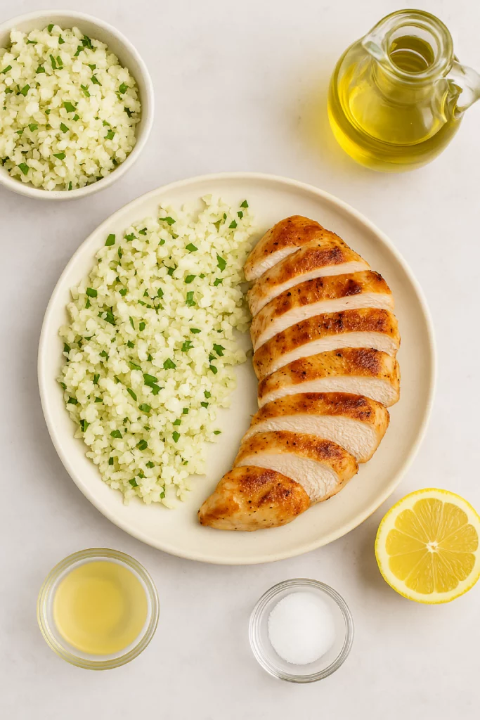 4 ingredient Mounjaro recipeGrilled chicken breast sliced over a fluffy bed of seasoned cauliflower rice, served in a clean white bowl.