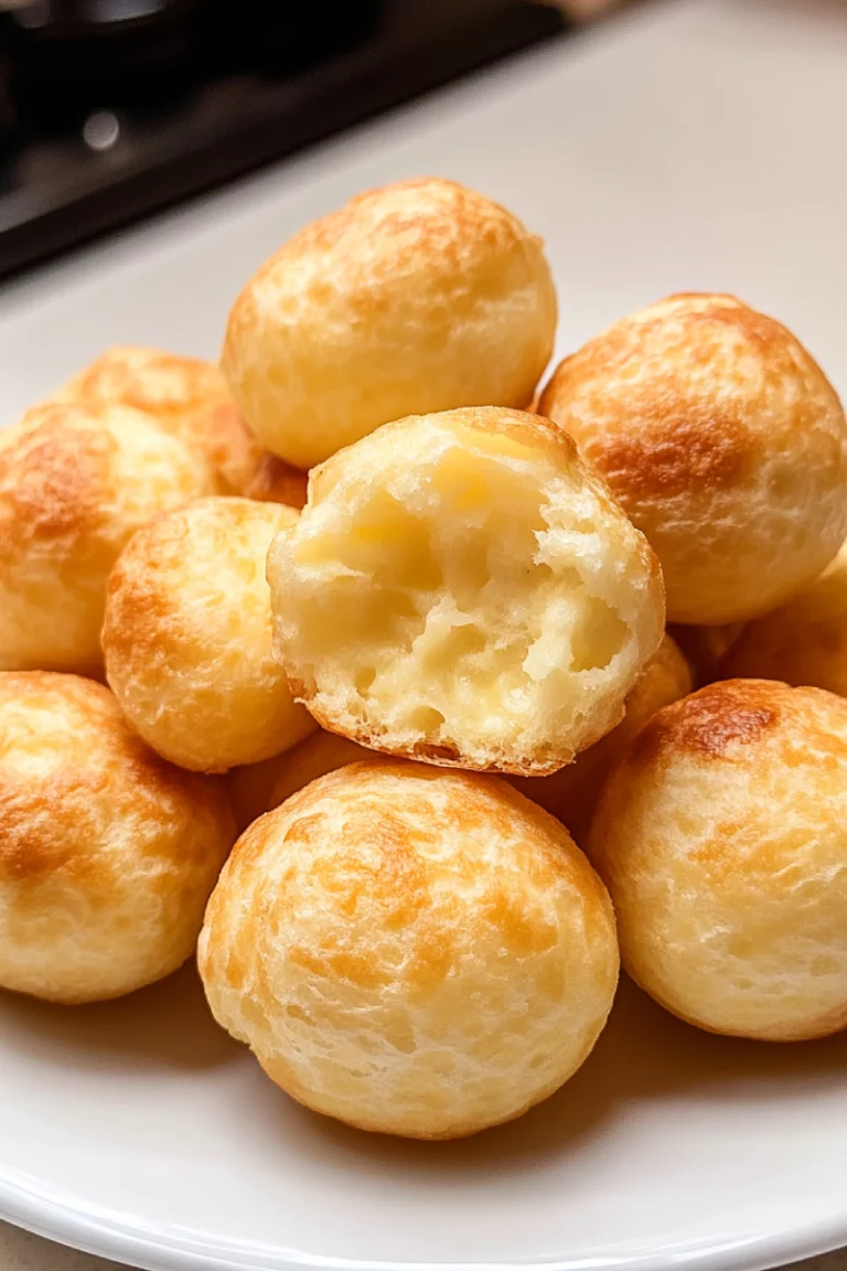 Close-up of a halved Brazilian Cheese Bread showing its airy, chewy interior with a golden, crispy crust.