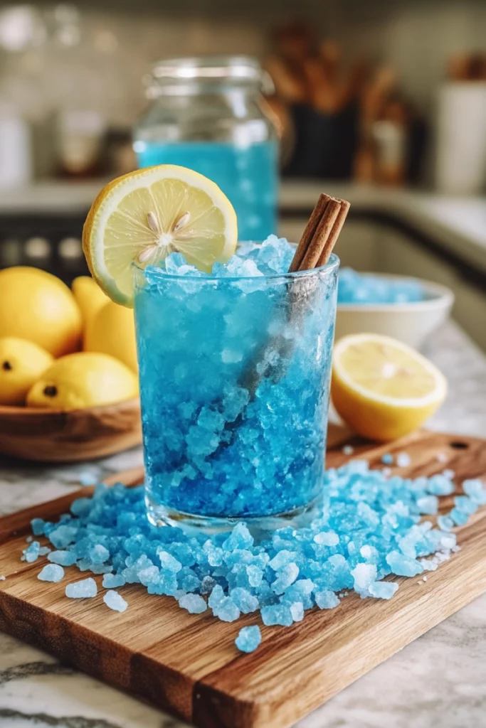 A vibrant glass of Blue Salt Trick Lemon drink with a slice of lemon on the rim, sparkling blue color with visible salt crystals around the edge.