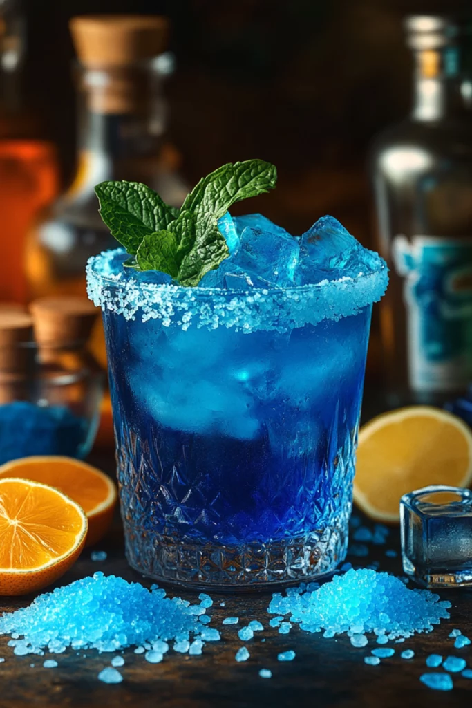 A vibrant glass of Blue Salt Trick Lemon drink with a slice of lemon on the rim, sparkling blue color with visible salt crystals around the edge.