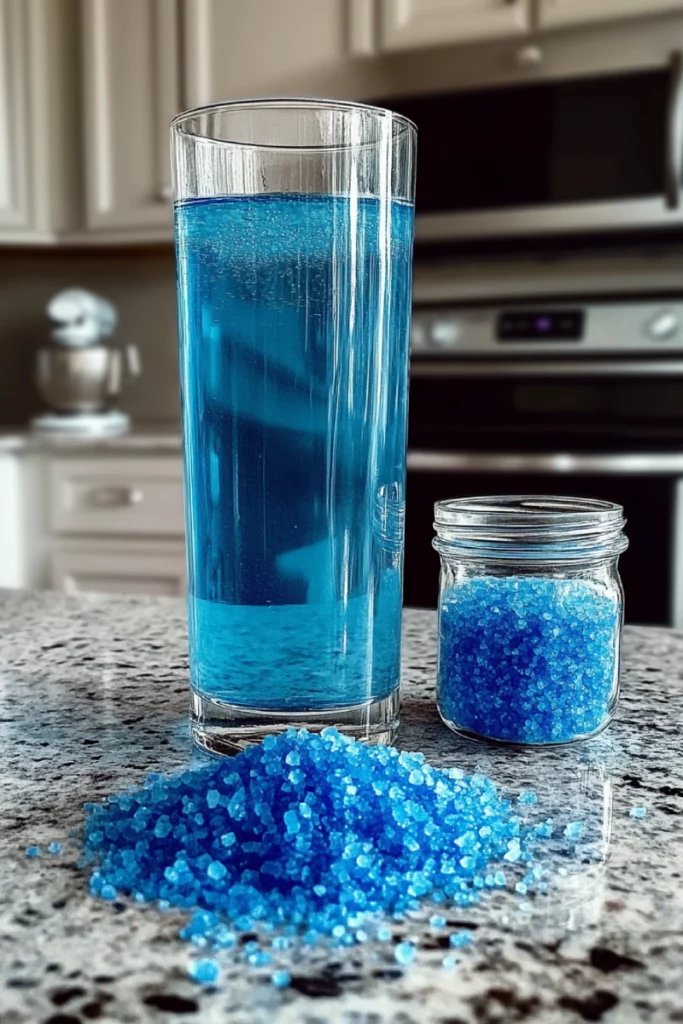 A striking what is the blue salt trick recipe in a clear glass, layered with shimmering salt crystals and vibrant blue hues, garnished with citrus and ice.