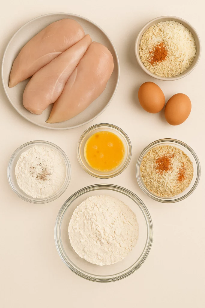 Flat lay of raw ingredients for air fryer chicken cutlets including chicken breasts, eggs, breadcrumbs, flour, and seasonings arranged neatly on a kitchen counter.
