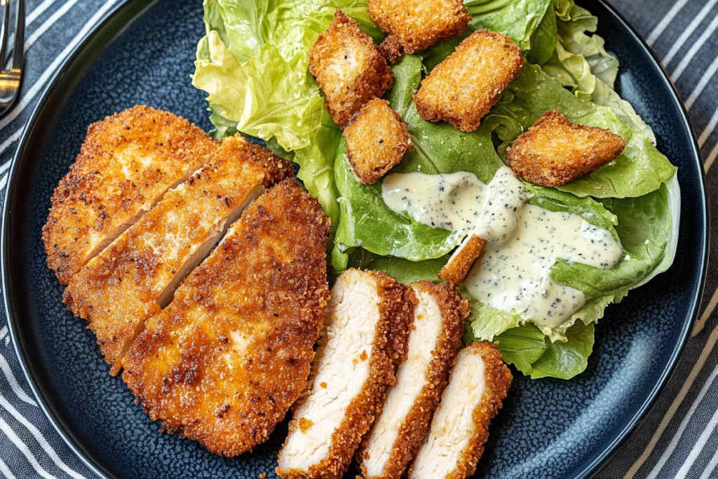 Golden brown air fryer chicken cutlets served on a plate with lemon wedges and a side of dipping sauce.