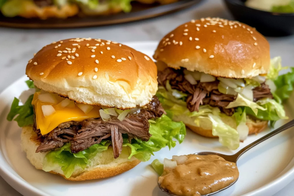 Roast Beef Sliders fresh out of oven with melted cheese on golden rolls