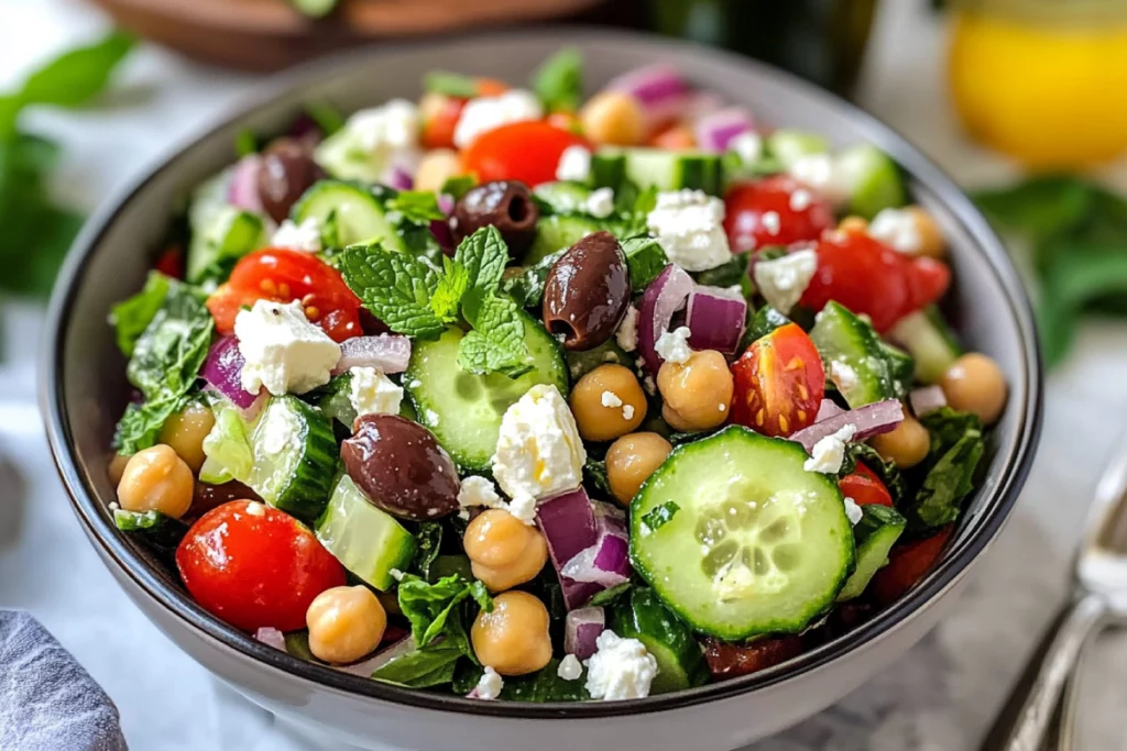 A top-down view of fresh ingredients for Greek cucumber salad, including sliced cucumbers, a whole red onion, cubed feta cheese, Kalamata olives, olive oil with lemon juice, and dried herbs in separate bowls on a white surface.