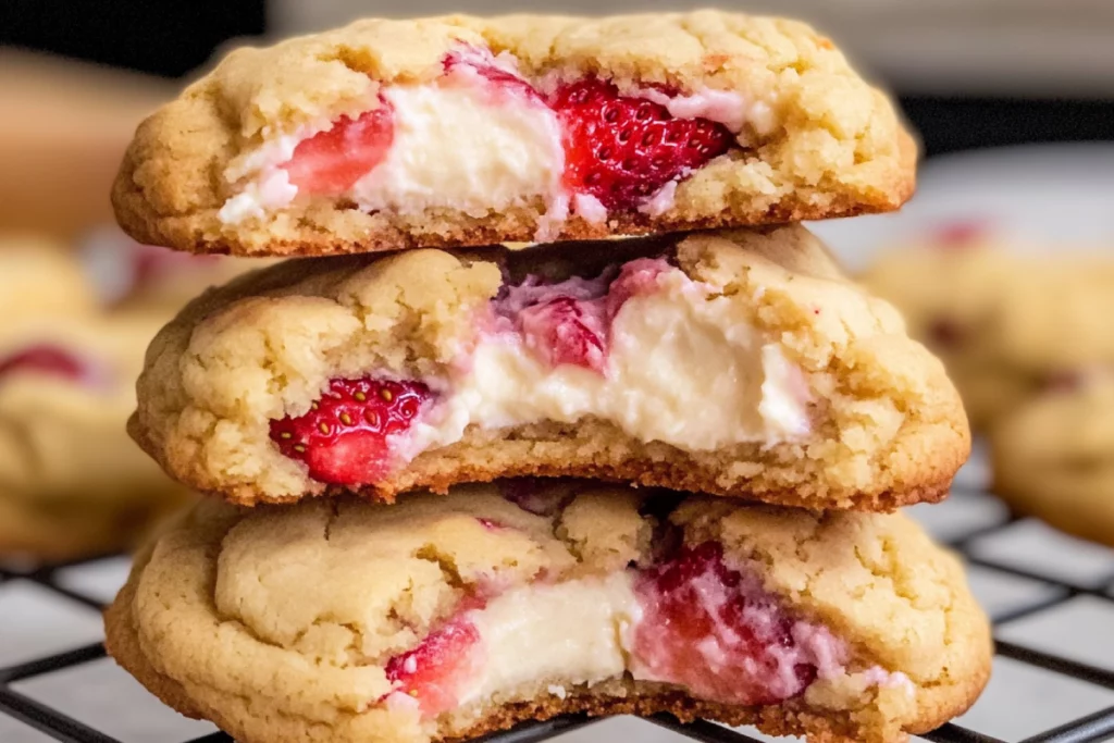 Close-up of freshly baked strawberry cheesecake cookies with a golden edge, creamy cheesecake filling, and swirls of strawberry jam on top, arranged on parchment paper.
