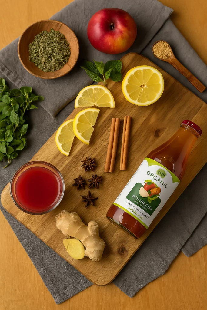 A wooden table displaying a flat-lay of natural ingredients including turmeric root, cinnamon sticks, ginger slices, apple cider vinegar, and green tea leaves, used in the Mounjaro Blend.
