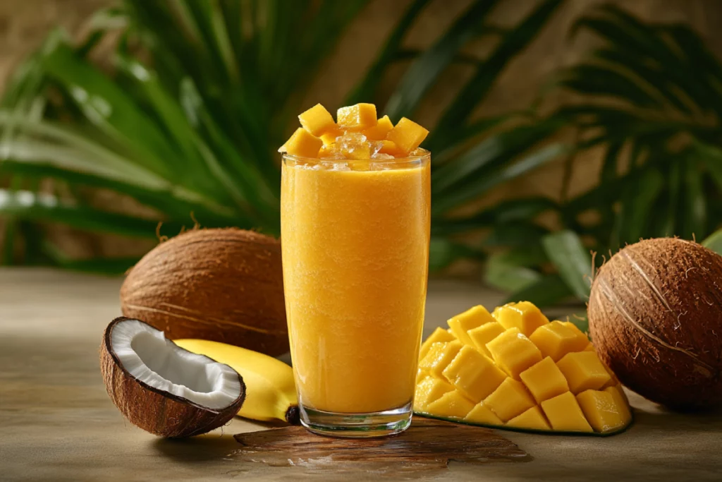 Brazilian Mounjaro recipe smoothie with mango, banana, and coconut water