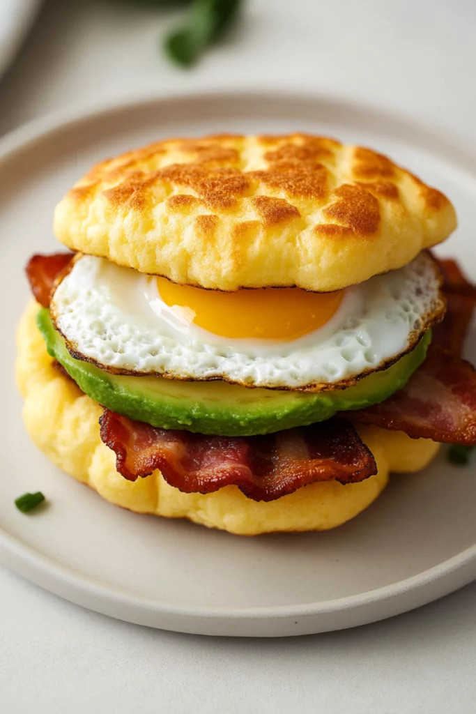 Low-carb breakfast sandwich made with fluffy cottage cheese cloud bread, layered with egg, avocado, and bacon on a wooden board. Fluffy Cottage Cheese Cloud Bread Recipe
