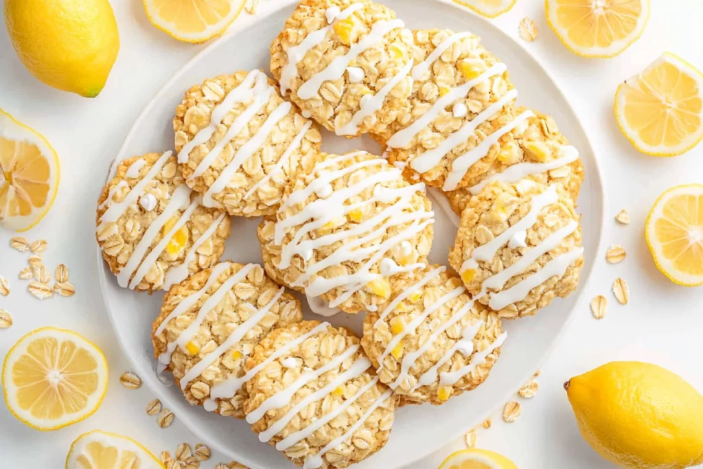 Freshly baked lemon oatmeal no-bake cookies drizzled with white icing, resting on a black cooling rack with halved lemons in the background.