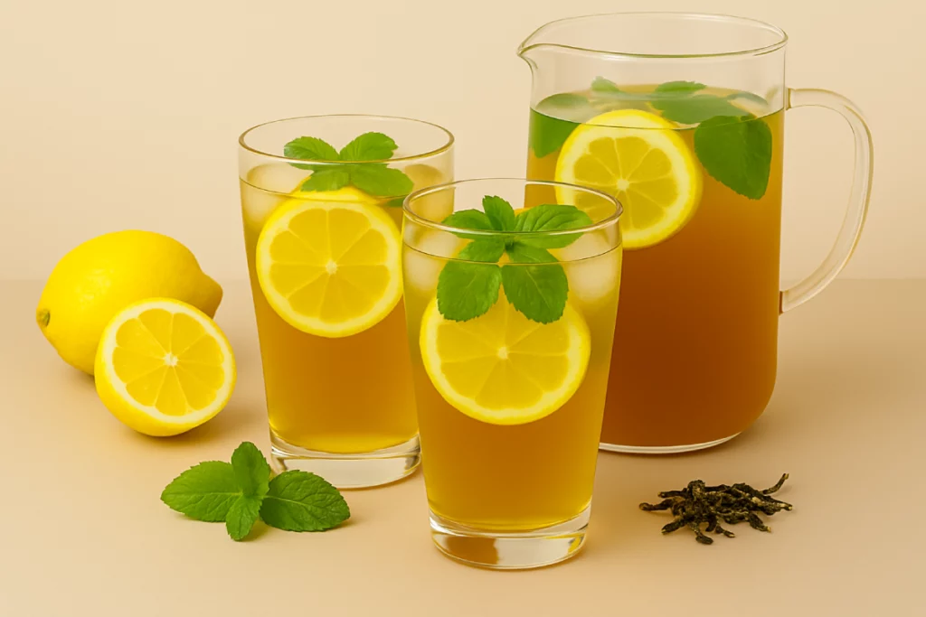 Brazilian Mounjaro Iced Tea Recipe Refreshing glass pitcher and two tall glasses of Brazilian Mounjaro Iced Tea with lemon slices, mint leaves, and ice, sitting on a light beige table.
