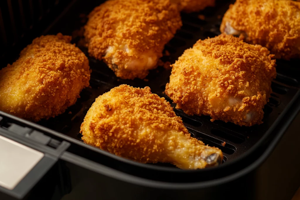 Crispy golden-brown chicken pieces freshly cooked in an air fryer,