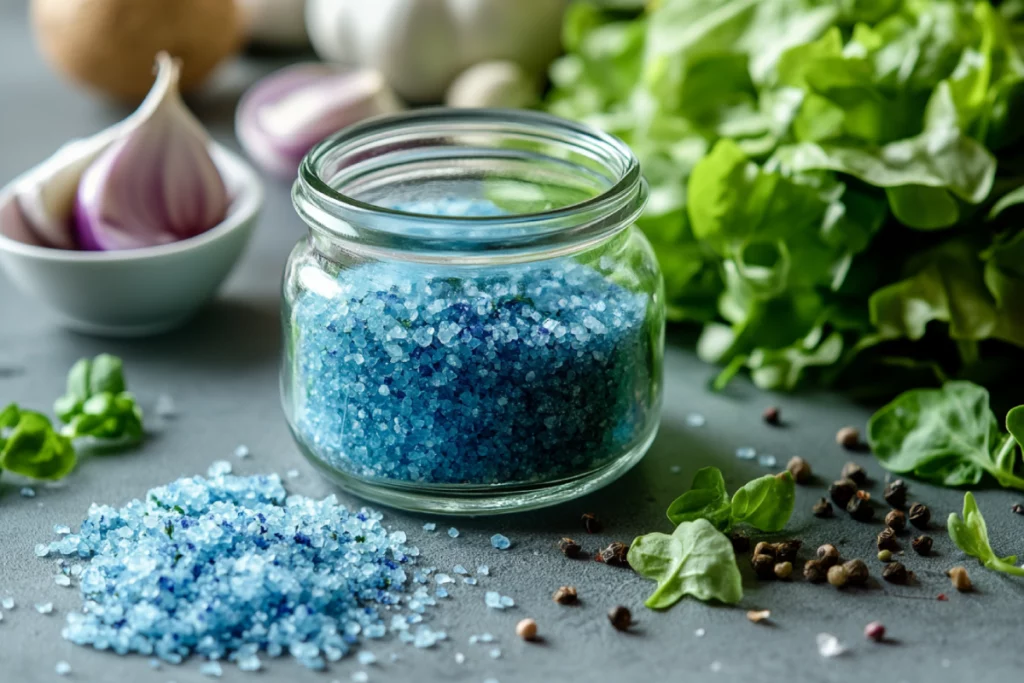 Blue salt trick ingredients including coarse blue salt, herbs, lemon slices, and a glass jar on a wooden surface.