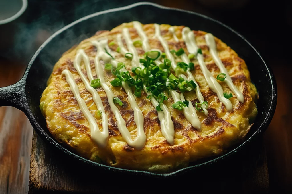 Hot Low-Carb Monjayaki on grill with melted cheese and shrimp