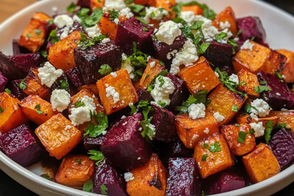 A vibrant bowl of roasted beets and sweet potatoes topped with crumbled feta and fresh cilantro, served on a rustic white plate.